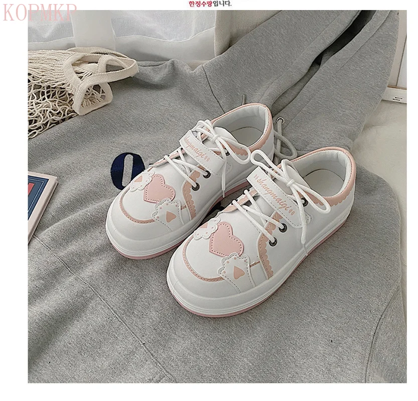 

Kawaii Shoes Women Sneakers White Round Head Platform Causal Sports Student Cute Pink Girl Lolita Fashion Flats 2021 Spring