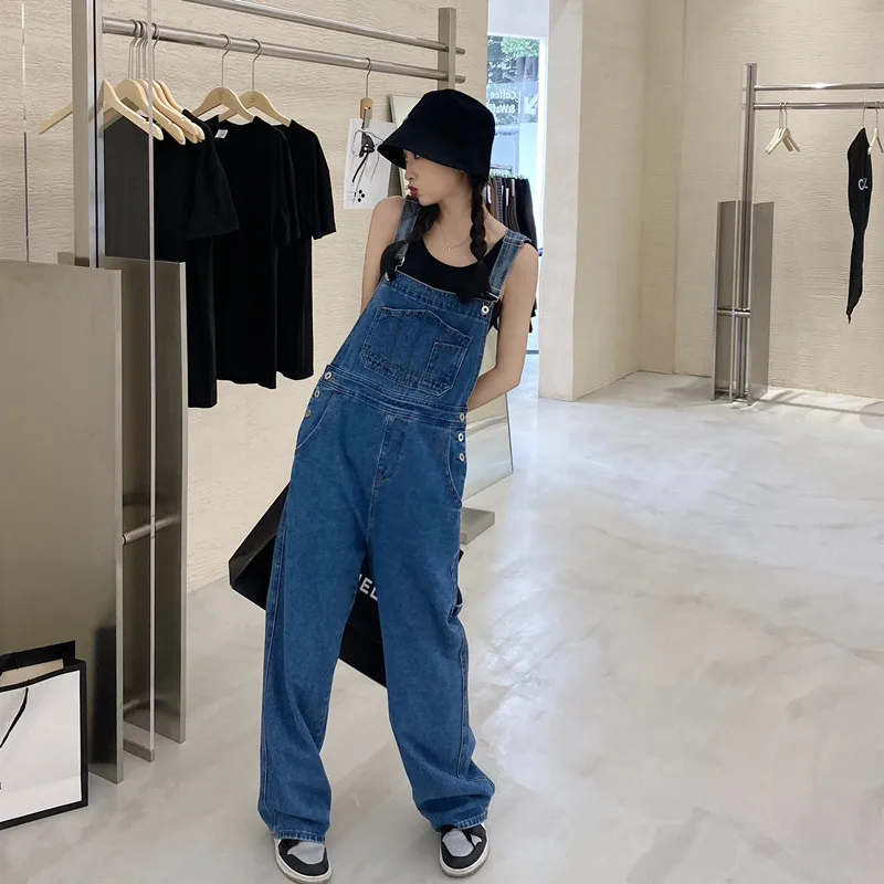 

Mop the floor pants fall 2021 new han edition loose big yards of tall waist trousers wide-legged jeans female blue overalls