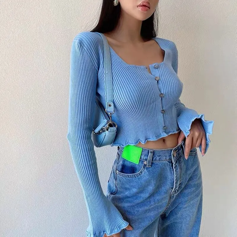 Кардиган Свитер Осень-зима новинка Модный облегающий Вязаный топ с квадратным