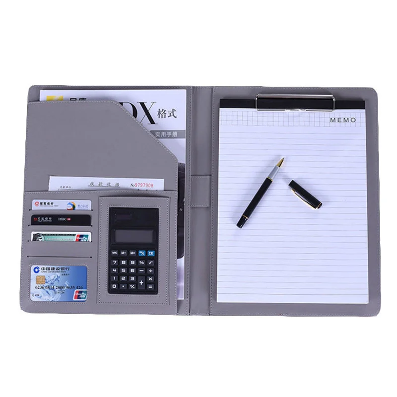 

A4 File Folder Notebook Briefcase with Calculator Padfolio PU Leather Binder Manager Document Organizer Classeuer Hand Clip File