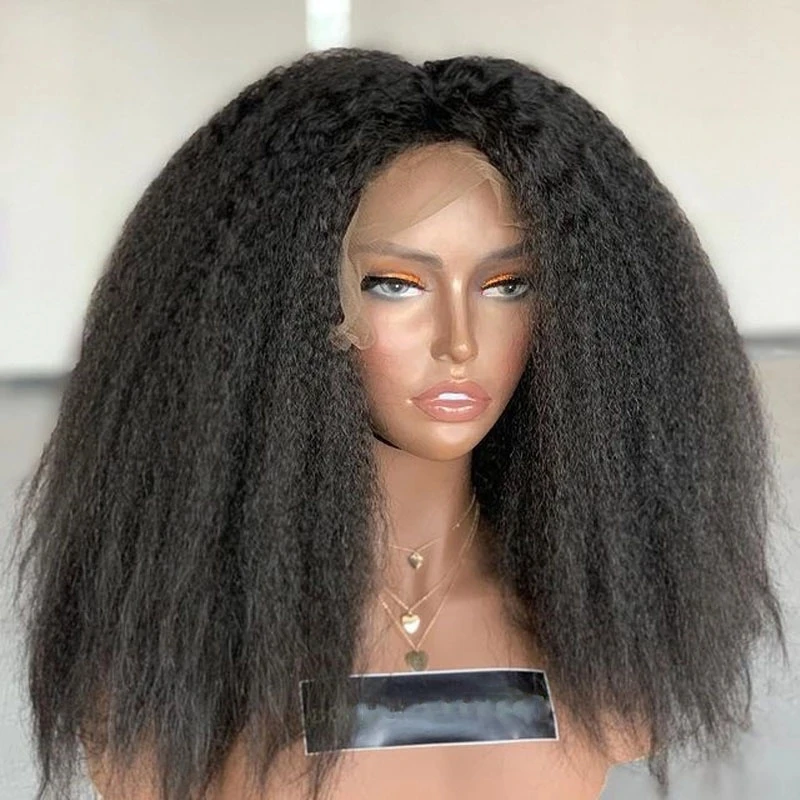 

Yaki 26Inch Long Kinky Straight Middle Part Lace Front Wig Babyhair for Black Women Synthetic Heat Resistant Preplucked FreeShip