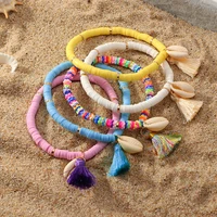 boho polymer clay disc elastic beads bracelet for women fashion shell pendants tassel bracelet wristband surf beach jewelry