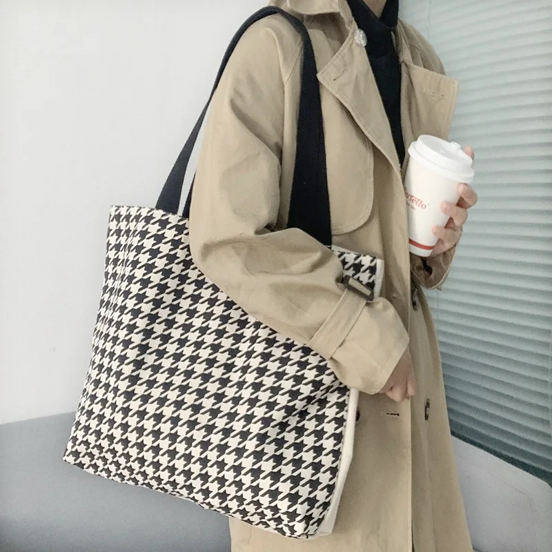 

Ins Wind нишевая сумка, женская новая сумка через плечо с узором «гусиные лапки», вместительная сумка-тоут, холщовая Ретро сумка