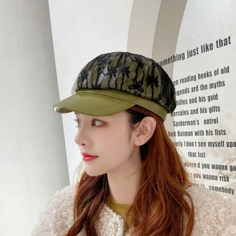 Восьмиугольный женский корейский модный кружевной однотонный кожаный берет с