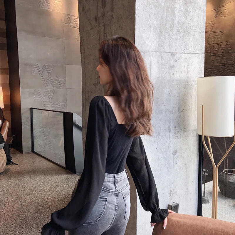 Women Slim Patchwork Chiffon Full Lantern Sleeve Square Collar Cropped T-Shirts Lady Knitted Stretchy Crop Tops Tshirt For Girls