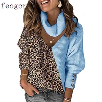 new print color matching elegant v neck loose scarf hollow sweater leopard womens pullovers womens clothing 2021 autumn winter