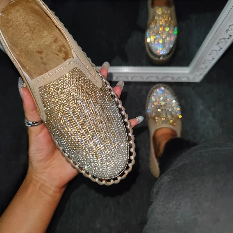 

Shiny Bling Rhinestone Women Flats Sewing Round Toe Thick Sole Platform Slip on Luxury Casual Shoes Female Ladies Sneakers 2020