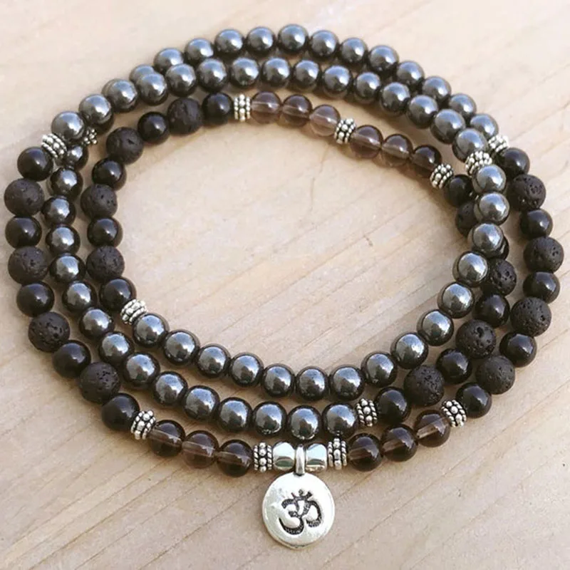 

108 Wrap Bracelet Prayer Beads Mala Necklace 6mm Hematite Black Onyx Smoky Q-uartz Lava Stone Yoga Bracelet OM Jewelry