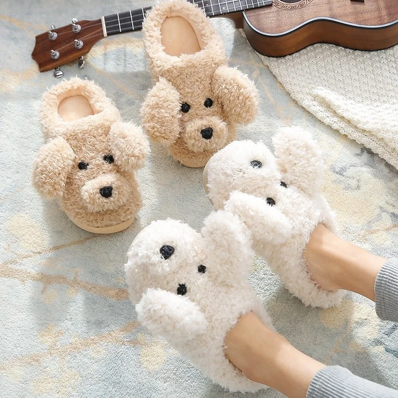 

Couples Home Slippers Warm Cute Woman Man Slipper Winter Shoes 2021 New Fashion Casual Teddy Dog Cartoon Fur Plush Deer