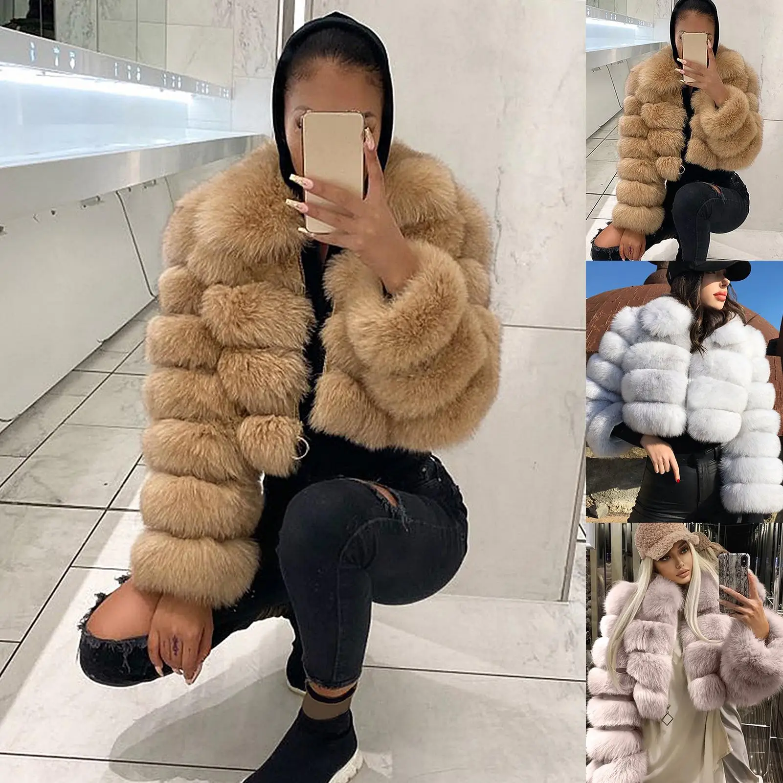 

Women Winter Turn Down Collar Long Sleeve Zipper Thicken Faux Fur Outwear Short Coat Jacket Cardigan