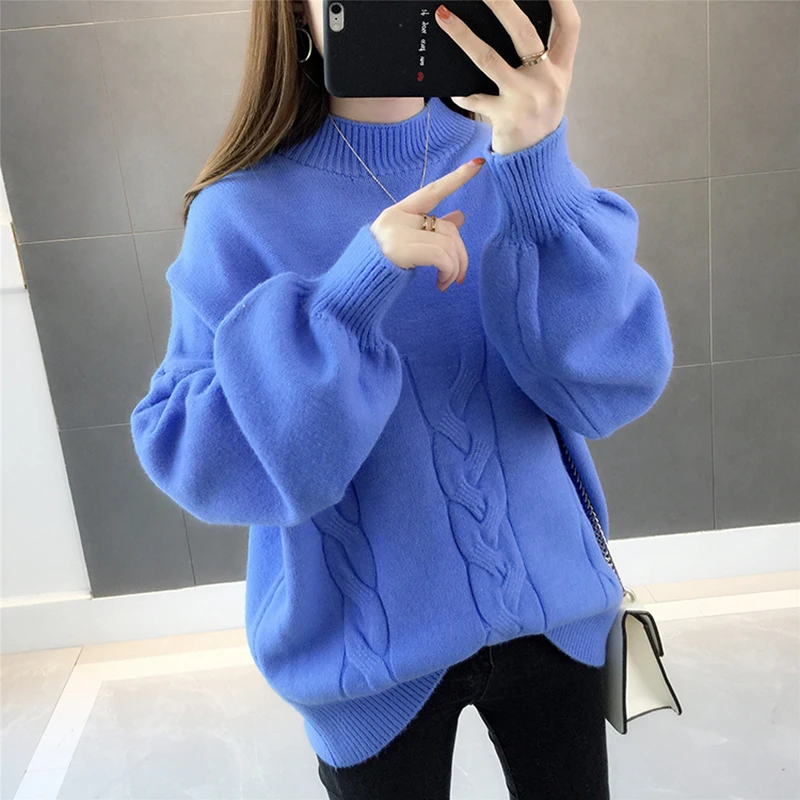 

Winter Thick Warm Half Turtleneck Sweater Women Korean Knit Top Loose Jumpers Ladies 4 Color Puff sleeve Knitted Pullover Female