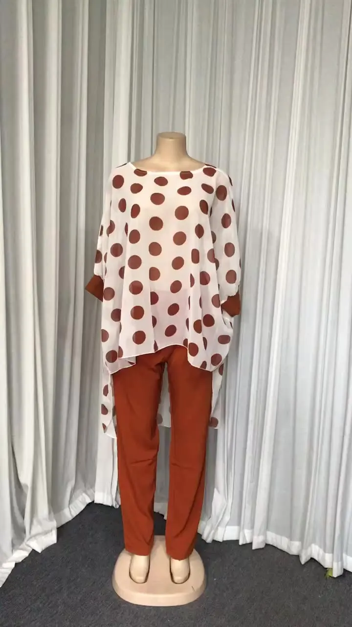 

C234#Africa Style Round Neck Polka Dot Chiffon Shirt Women Plus Size Two Piece Pants Set With Pant