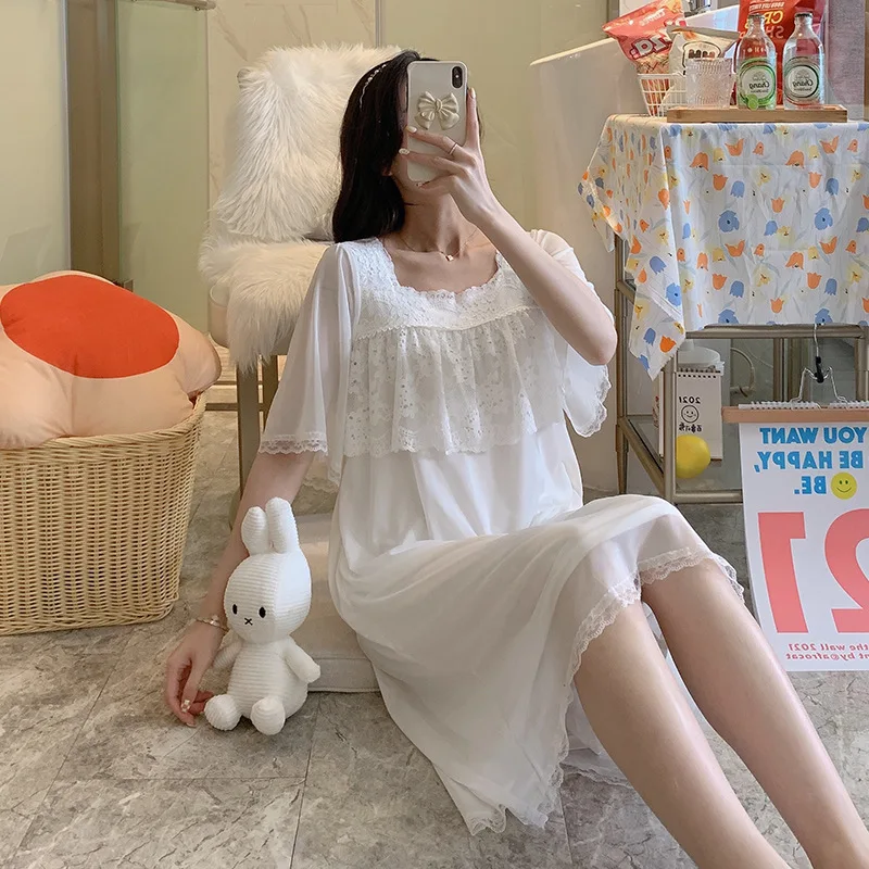 Gauze Princess Nightdress Women's Summer Short Sleeve Fashion Fresh Nightgown Sexy Home Skirt Nightwear Autumn Female Sleepwear