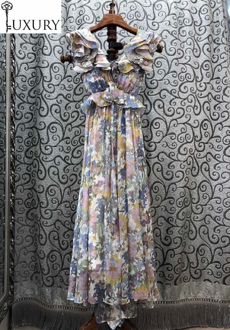 

Summer Casual Party 2020 Club Women V-Neck Elegant Flower Print Ruffle Patchwork Sexy Backless Long Maxi Dress