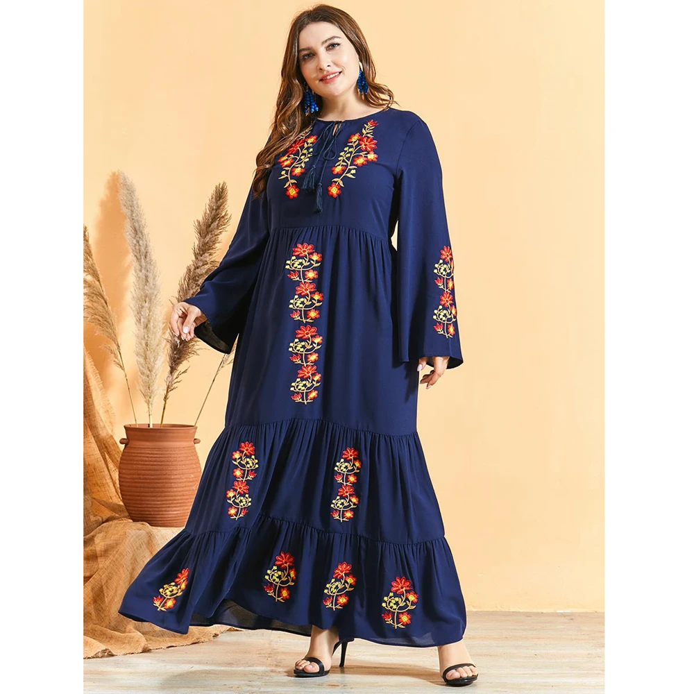 

Plus Size Kaftan Abaya Muslim Women Embroidery Ruffle Maxi Dress Dubai Jilbab Turkish Caftan Moroccan Gown Islamic Clothing Robe