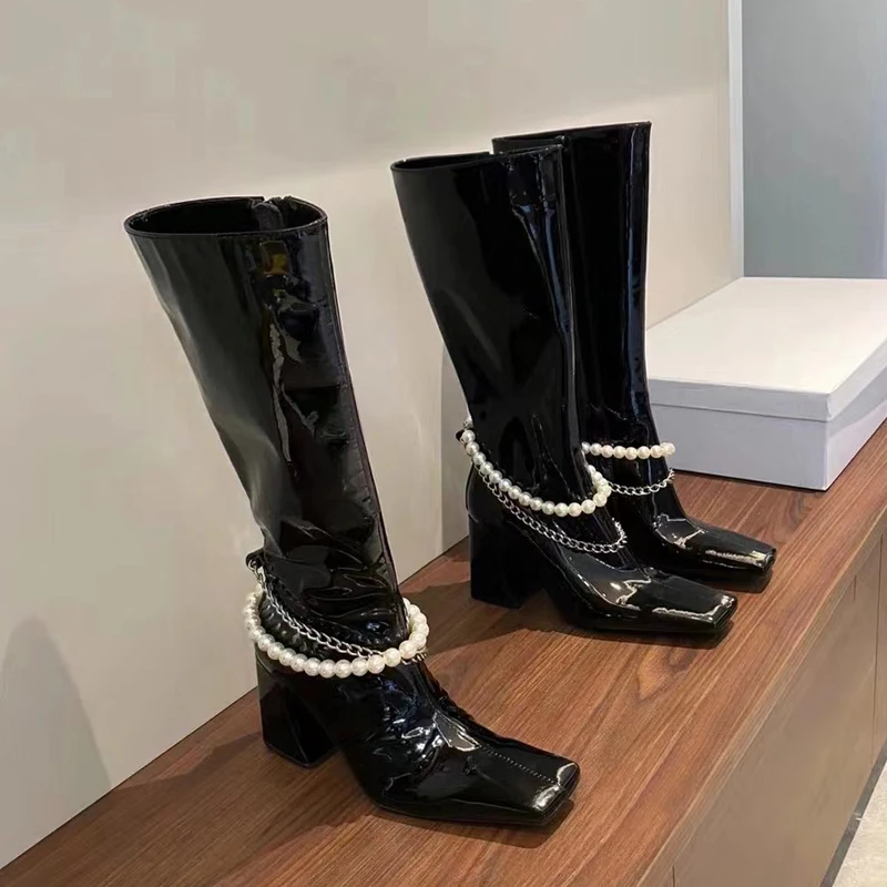 

Женские сапоги из лакированной кожи, сапоги до середины икры, на высоком каблуке, с квадратным носком, зимняя обувь В рыцарском стиле, 2020