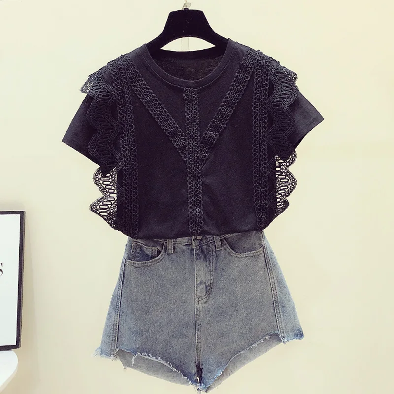 Женская футболка с короткими рукавами черная Повседневная круглым вырезом в