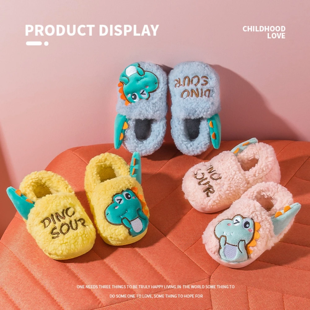 

Toddler Fuzzy Anti-Slip Cartoon Dinosaur Plush Slippers Kids Cozy Slip-on Slippers Shoes for House Indoor Bedroom 1-5.5T