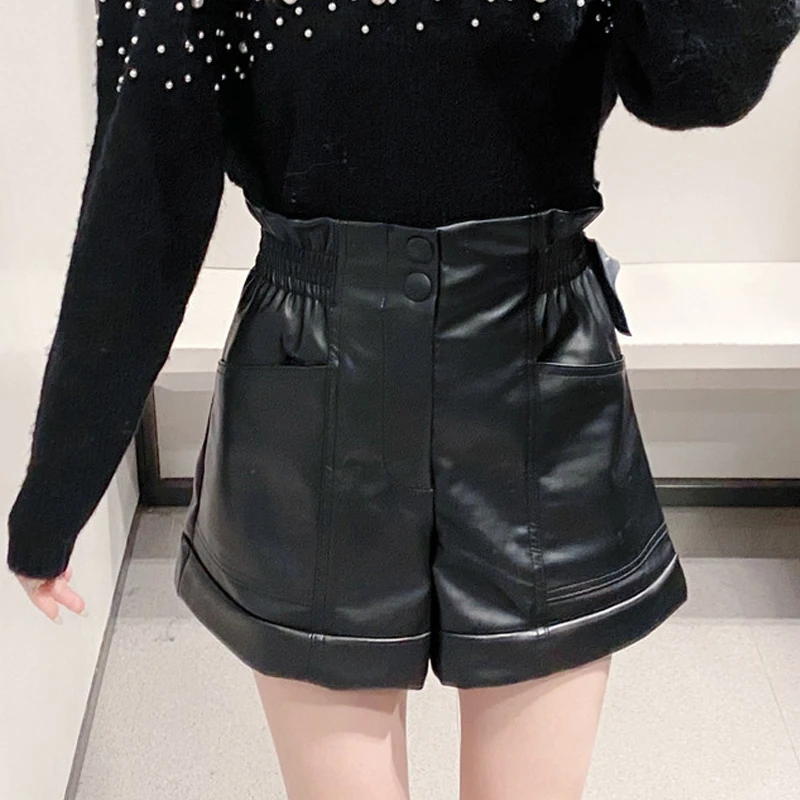 Весна-Осень 2020 модные черные женские шорты из искусственной кожи с высокой