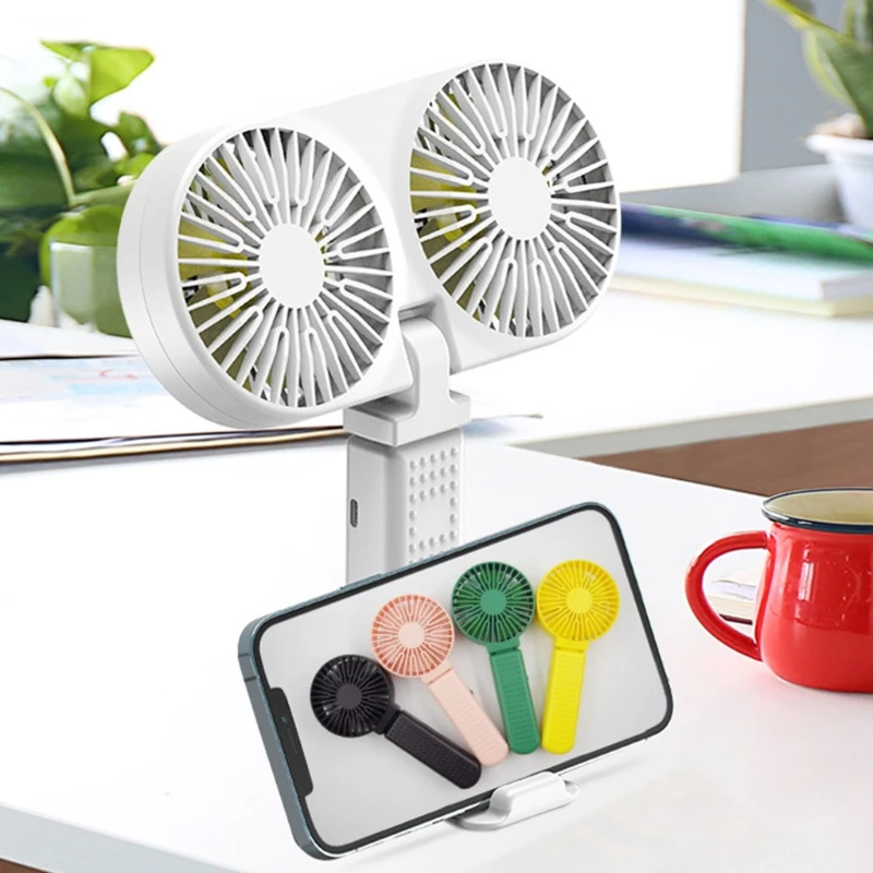 

Portable Handheld Fan USB Two-Heads 3000mAh Power Bank Charging Base Battery Operated Personal Fan Rechargeable Cooling