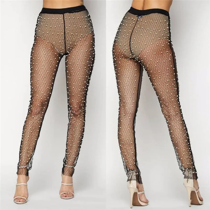 Брюки женские прозрачные сетчатые с высокой талией сексуальное ажурное для