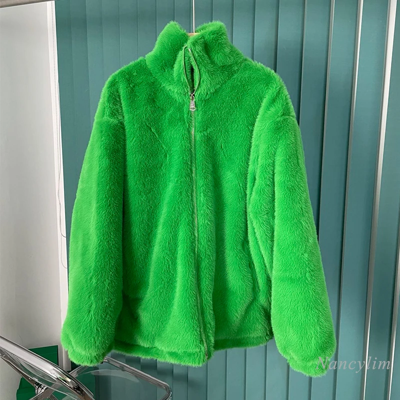 

Winter Green Fur Coat Women New Korea Style Loose Leisure Faux Fur Thick Cotton-Padded Jacket Female Clothes Streetwear