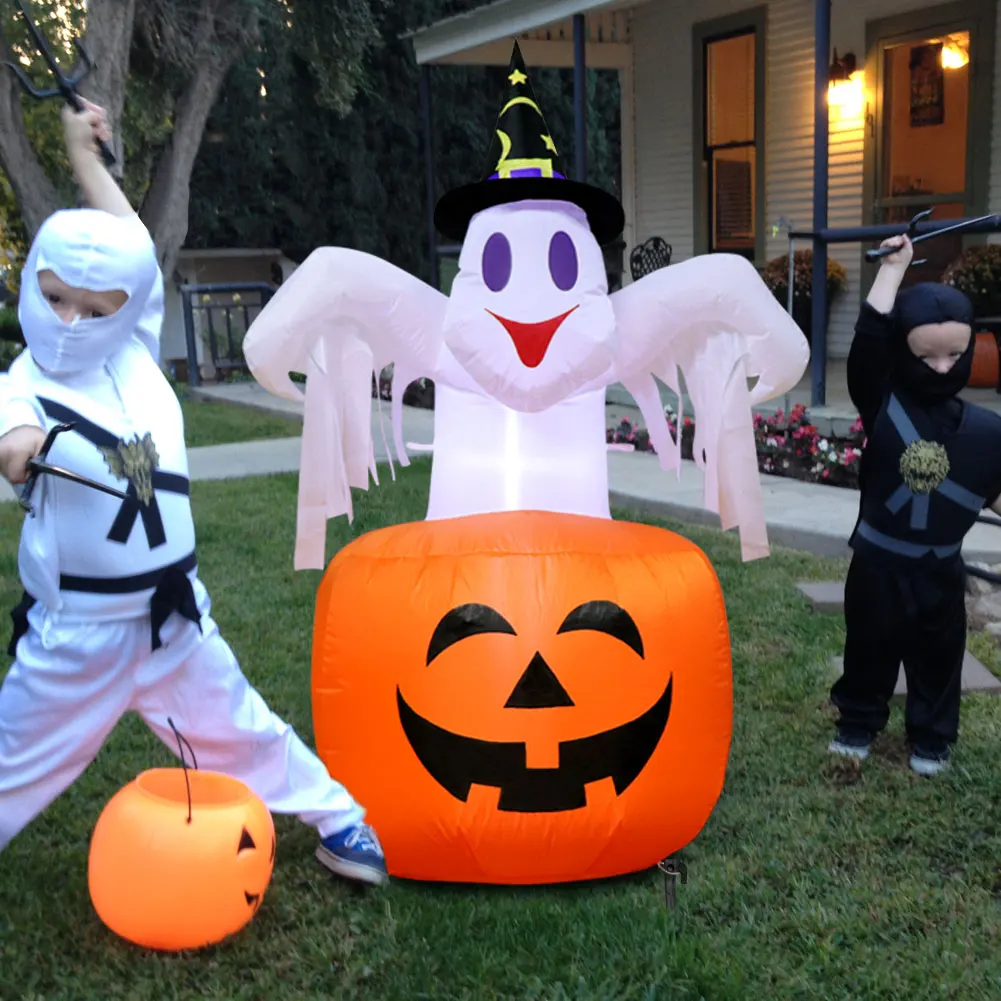 

Halloween Inflatables Pumpkin and Ghost with Witch Hat Scary Blow in Pumpkin Up with LED Light for Home Outdoor Yard Decoration