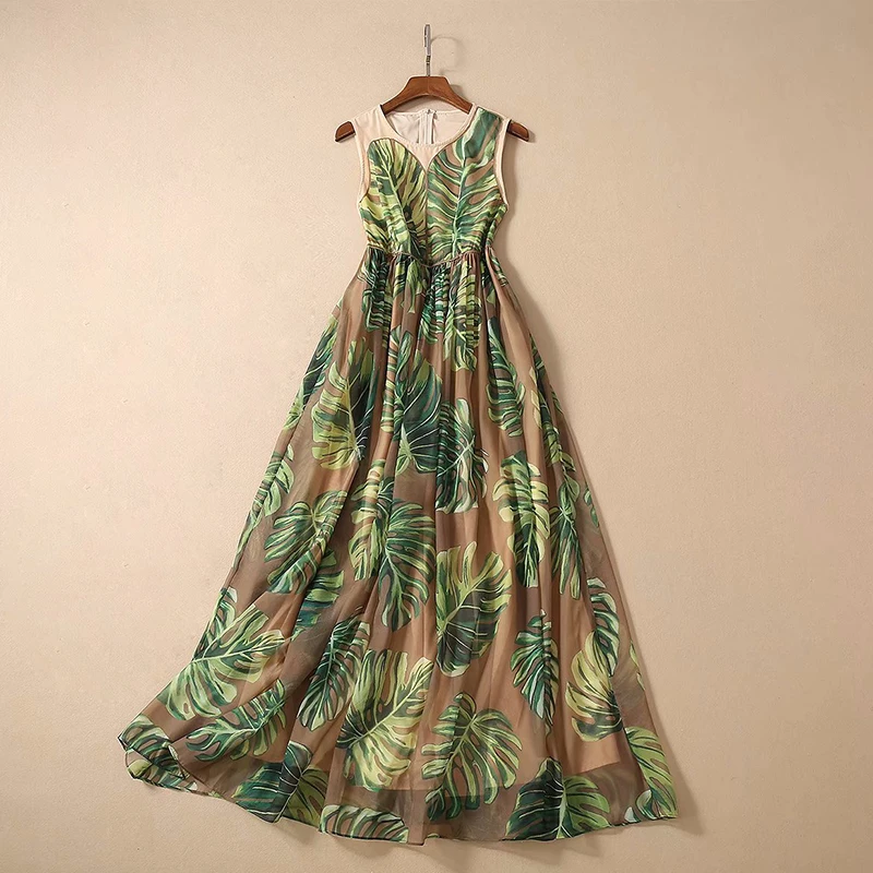 HIGH Quality 2020 Newest Fashion Runway Dress Women's Sleeveless Leaves Print Midi DRESS | Женская одежда