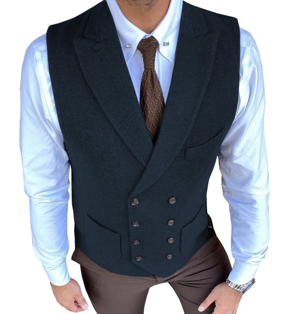 

New Men Suit Vest Green Brown Double Breasted Herringbone Peak Lapel Waistcoat Vintage Groom Groomsmen Wedding Sleeveless Jacket