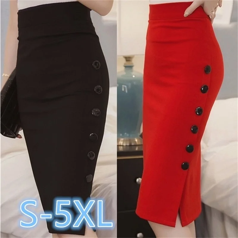 

2021 Elegant Women Vintage Office High Waist Buttons Slit Pencil Skirts Plus Size S-5Xl Stretch Midi