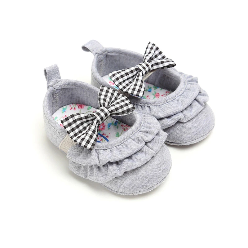 AA New Arrival Newborn Baby Girl Crib Shoes Infant Girl Ruffles Plaid Bow-knot Shoes Girls Soft Sole Cotton Crib Prewalker 0-18M