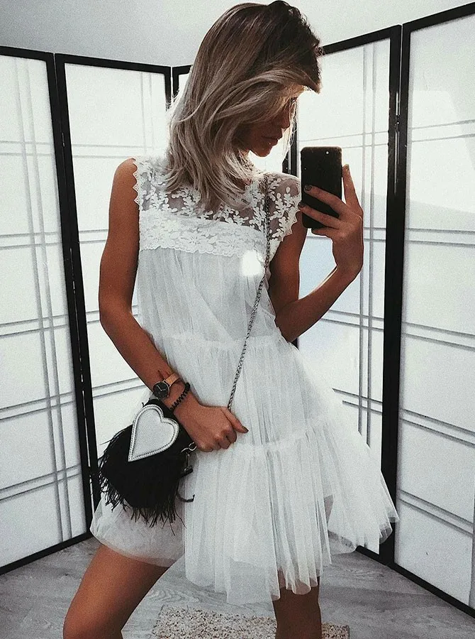 A-Line платье для выпускного вечера круглый вырез без рукавов Белый Тюль с кружевом