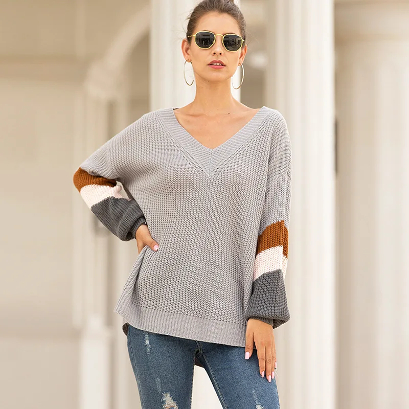 

2020 Autumn Winter V Neck Sweater Pullover Women Female Sweaters Knit Jumper Ladies Long Sleeve Loose Sweater For Women
