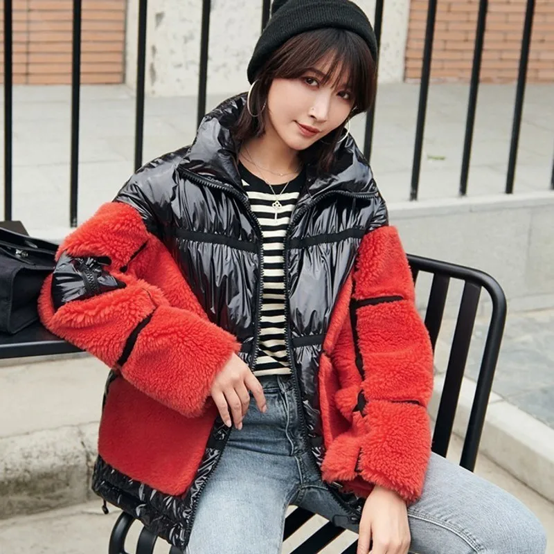 Уличные женские пальто из овечьей шерсти в стиле пэчворк яркие пуховые Корейском