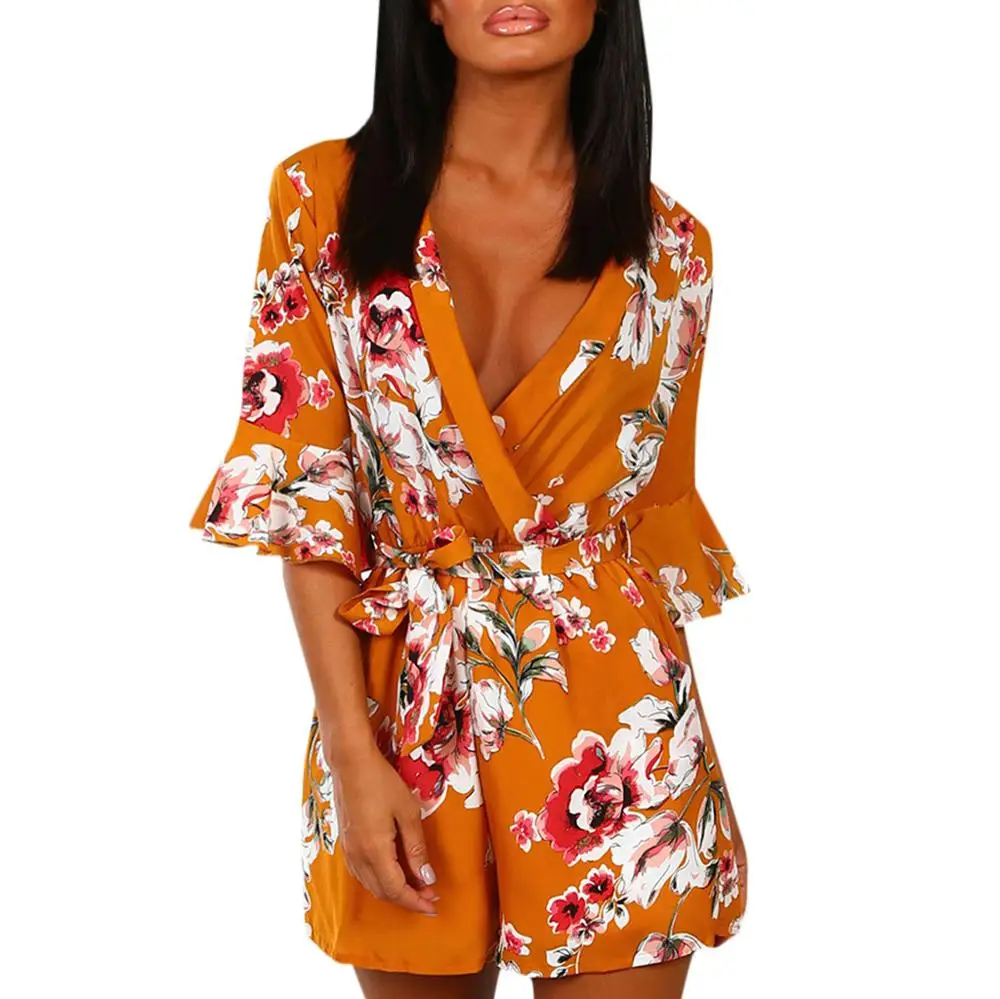 Женский праздничный пляжный комбинезон с цветочным принтом повседневный