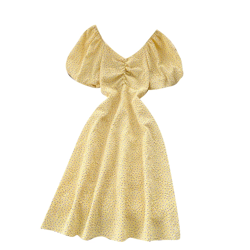 

Elegant retro waist party dress for womens summer new style v neck a-line slim puff sleeves slim midi long print dress vestidos