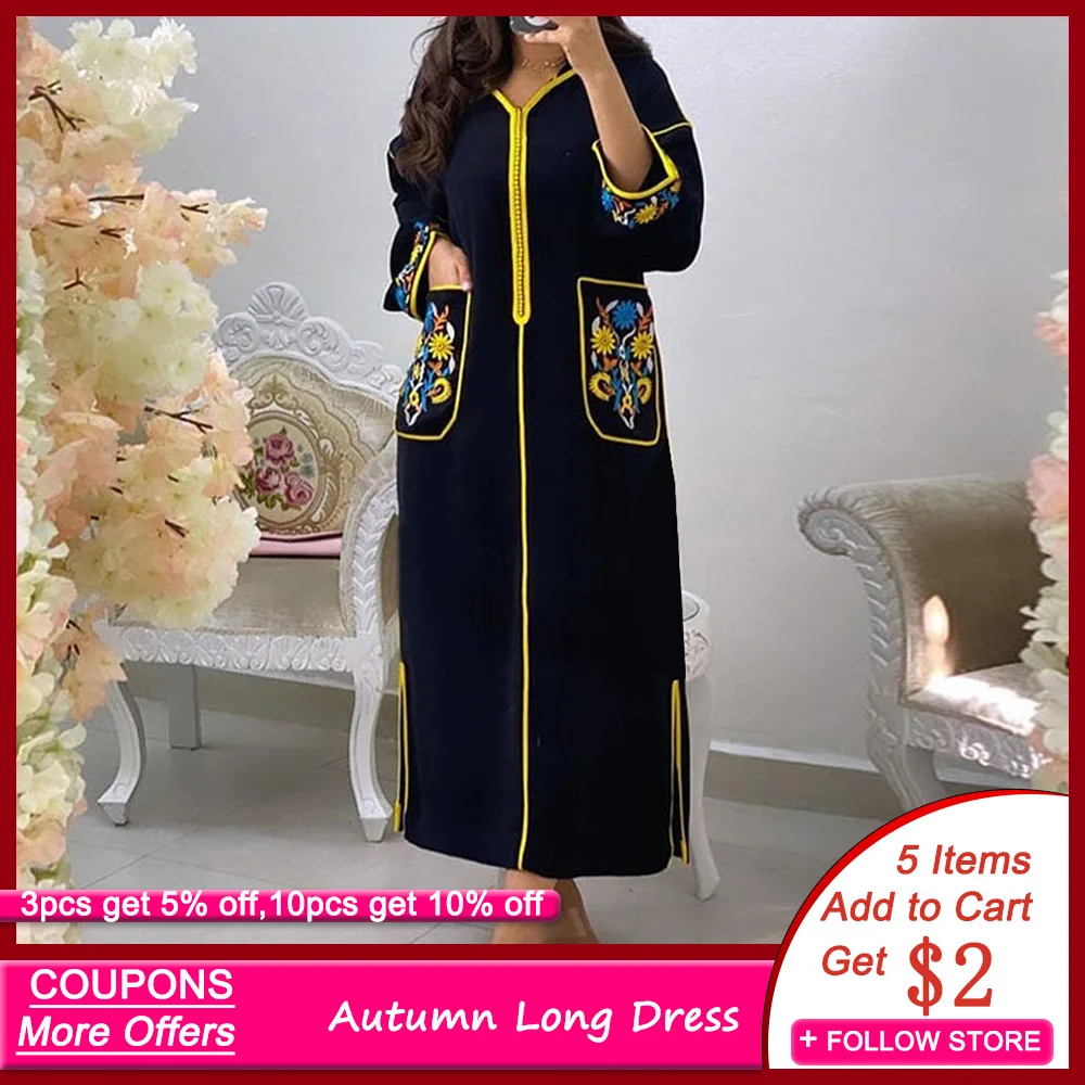 Женское платье с длинным рукавом элегантные карманы цветочным принтом и v