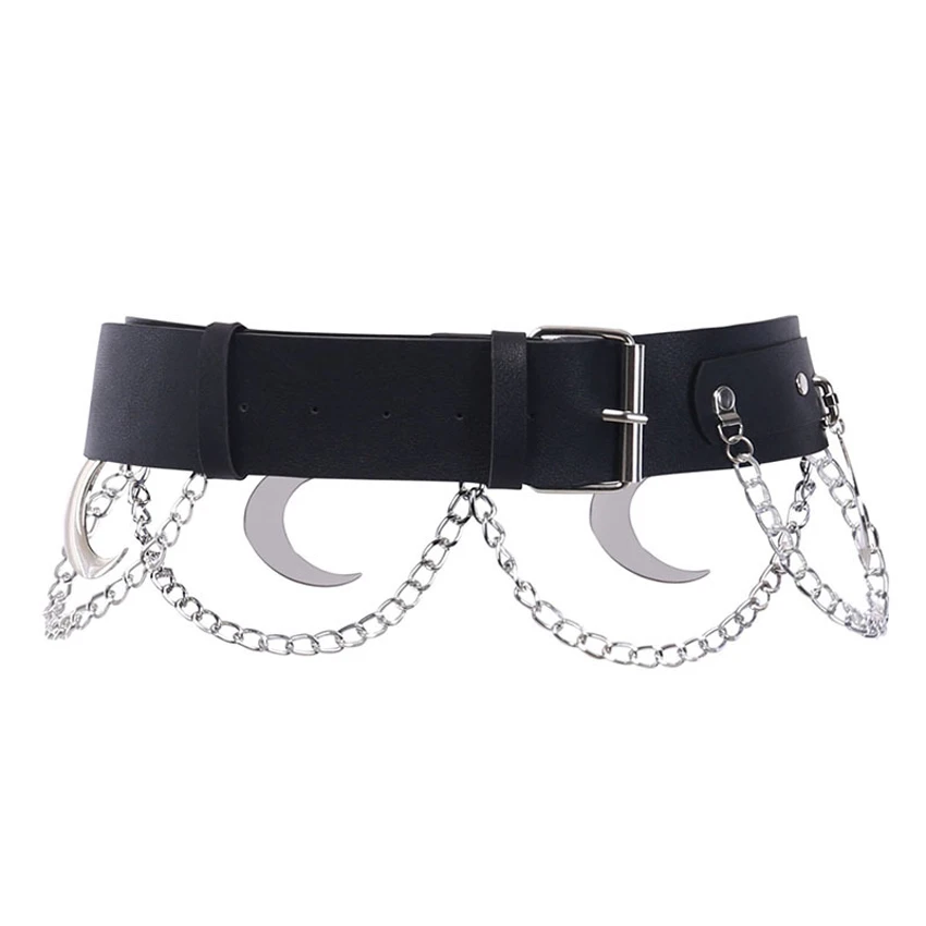 

Punk Hip Hop Metal Belt PU Leather Gothic Streetwear Chain Moon Girl Belt Dance Streetwear Women Waistbelt Grunge Harajuku Decor