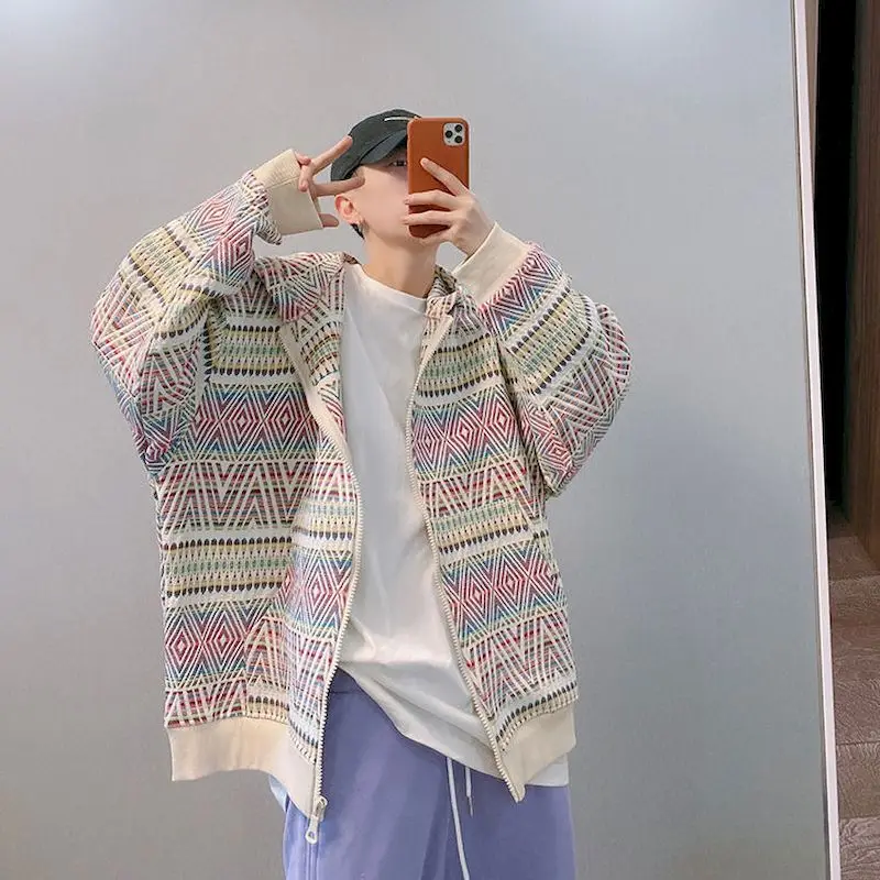 

Streetwear Vintage Retro Jacket Hip Hop Striped Graphic Jacket 2021 Men Autumn Harajuku Cotton Hooded Jacket Coat Zipper Outwear