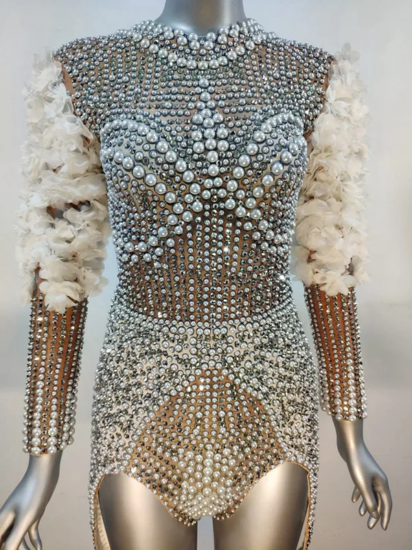 Роскошное боди Стразы с жемчужинами цветочным рукавом женский сексуальный певец