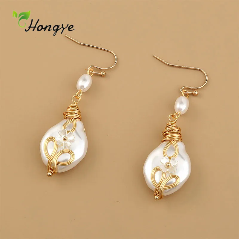 Hongye Ретро Нерегулярные большие жемчужные серьги в виде капель с ремешком На