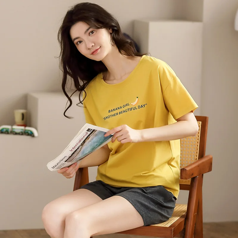 

Summer Cotton Women Pajamas Set Cartoon Pijama Mujer Short Sleeve Thin Casual Sweet Cute Big Size M-XXL Sleepwear Female