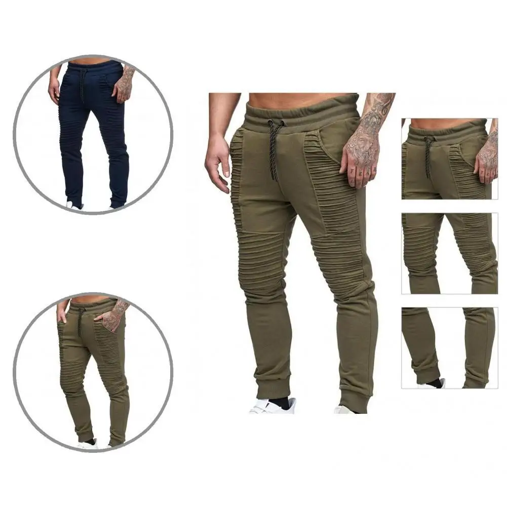 

Joggers Pants Ribbed Ankle Side Pockets Stretchy Mid Waist Men Joggers Pants Sports Trousers for Gym
