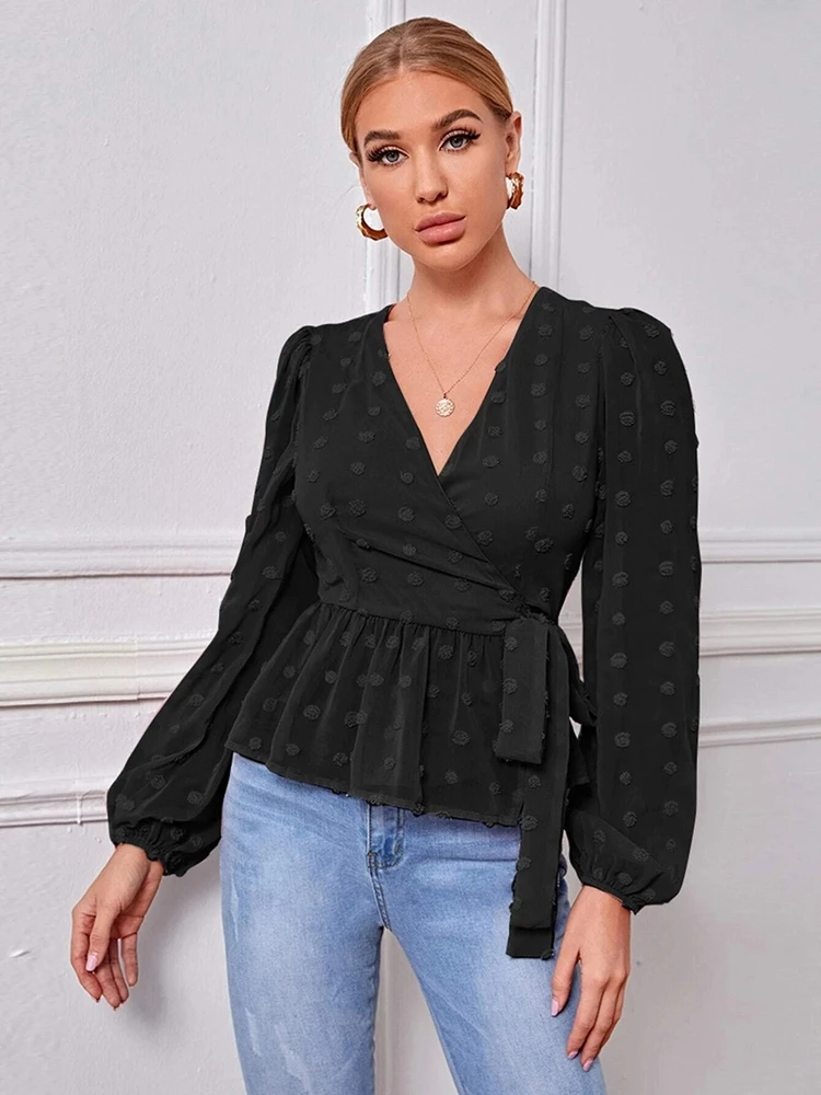 

Classy Blouses For Women 2021 Autumn New Arrival Long Sleeve V Neck Shirt With Sashes Slim All Match Ladies Tops Casual Outfit