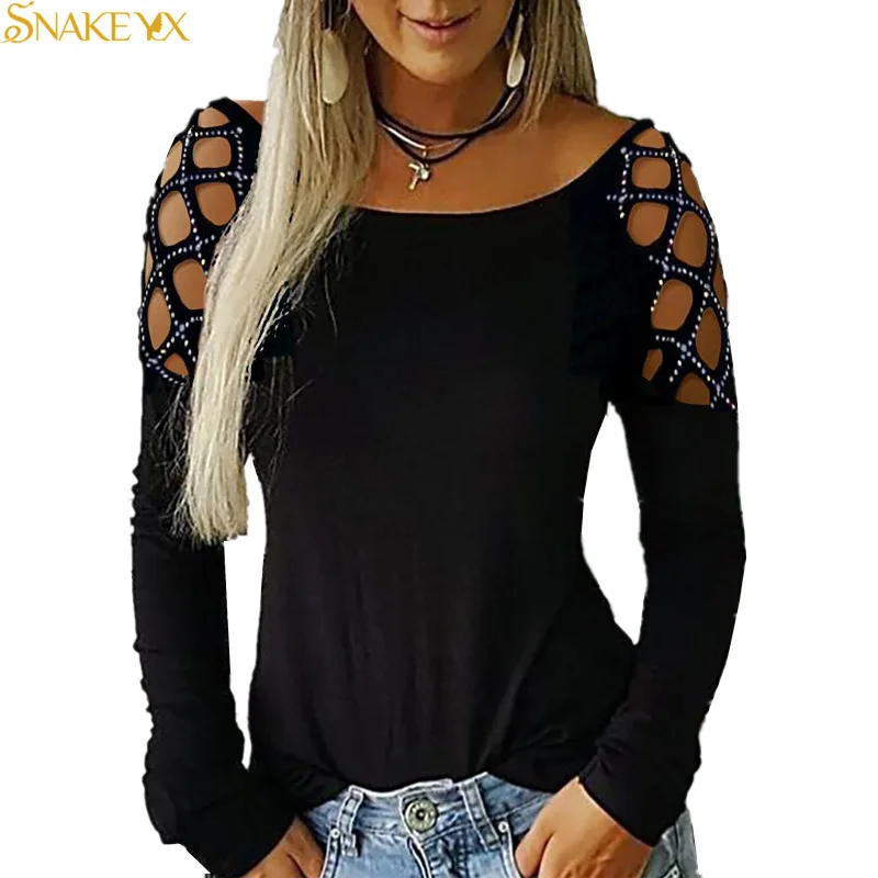 

SNAKE YX Women Sexy Tops Round Neck Rhinestone Hollow Long Sleeve Top T-shirt Goth Plus Fashion