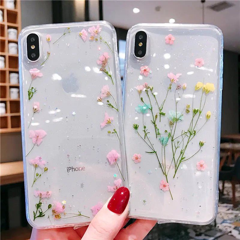 В Корейском стиле настоящее сухих цветов Прозрачный мобильный телефон чехол