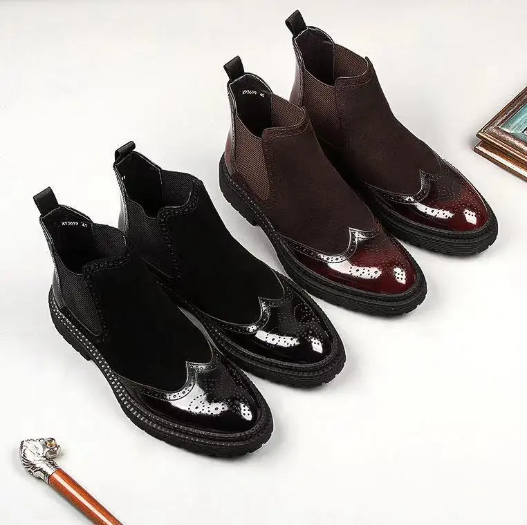 

New Mens Ankle Boots Genuine Leather Handmade Black Wine Red Chelsea Boots Suede Stitching Boots Casual Dress Shoes Slip On