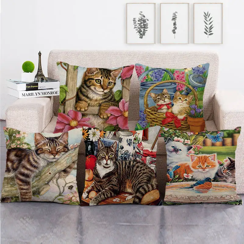 

45 см * 45 см картина маслом кошка в цветах большое количество наволочка для подушки льняная/хлопчатобумажная наволочка для дивана декоративная наволочка для подушки