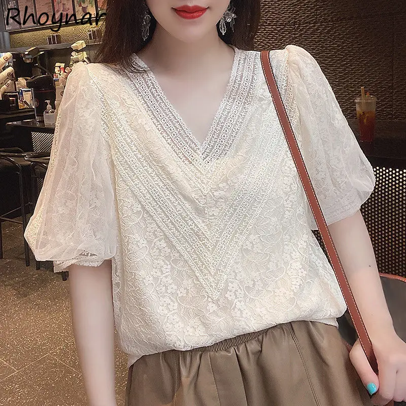 

Blouse Summer Lace Fashion Elegant Half Sleeve V-neck Sexy Feminine Tops Cozy Party All-match Casual Temperament European Style