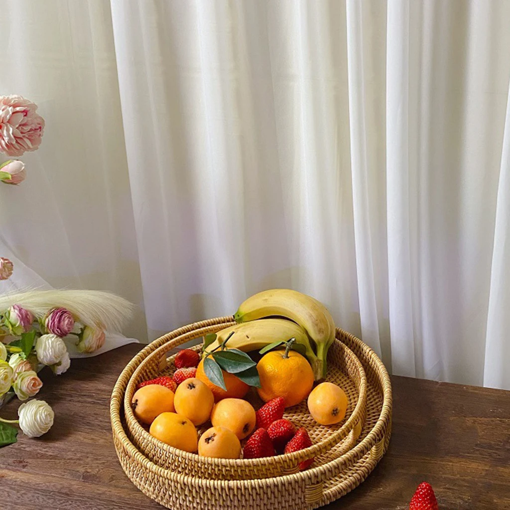 

Rattan Handwoven Round Serving Tray Food Storage Plate With Handles Wicker Basket Wooden Tray For Drink Fruit Coffee Tea
